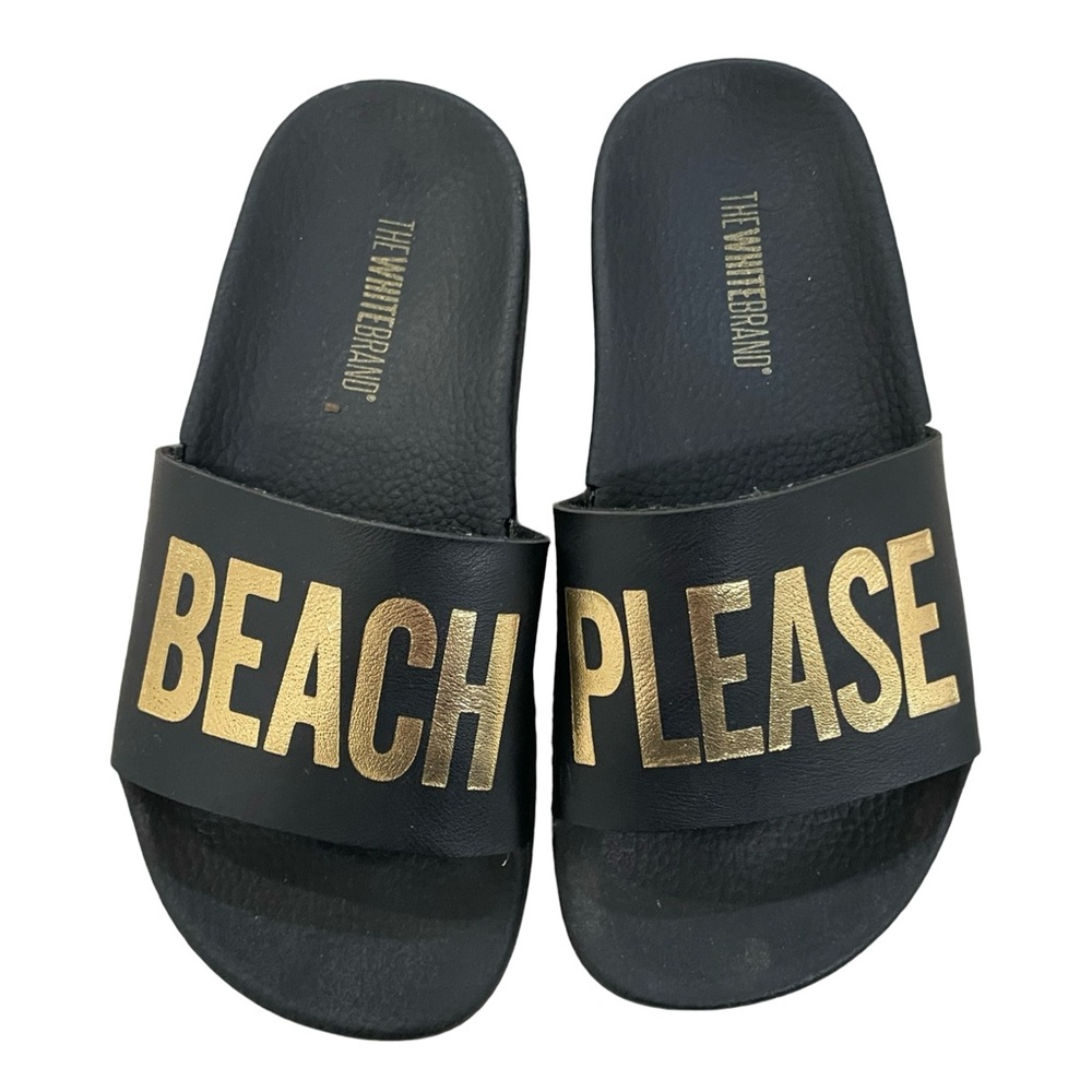 EUC The White Brand Girls Size 2.5 (34) Black and Gold “Beach Please” Slides